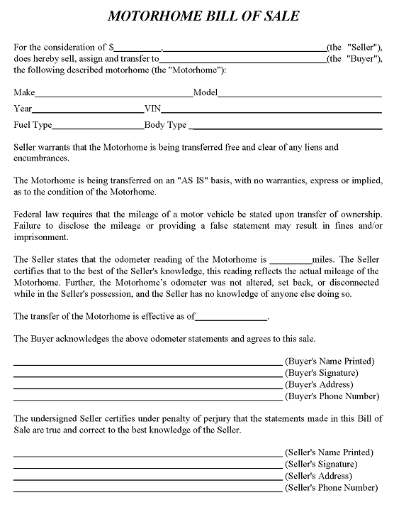 Motorhome Bill of Sale Word