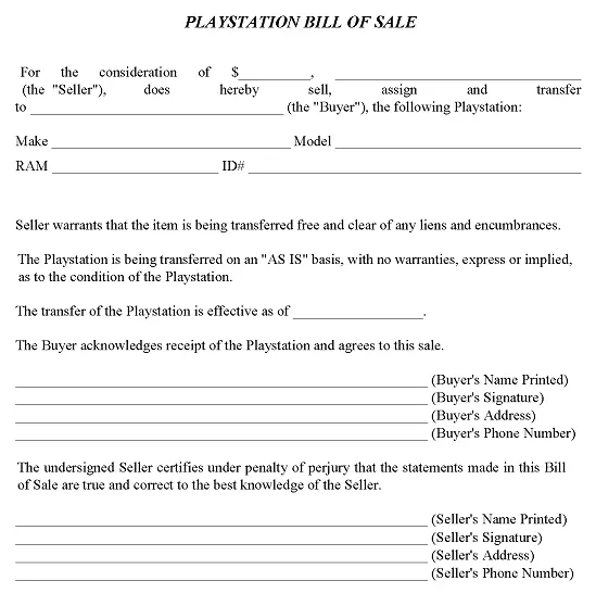 Playstation Bill of Sale PDF