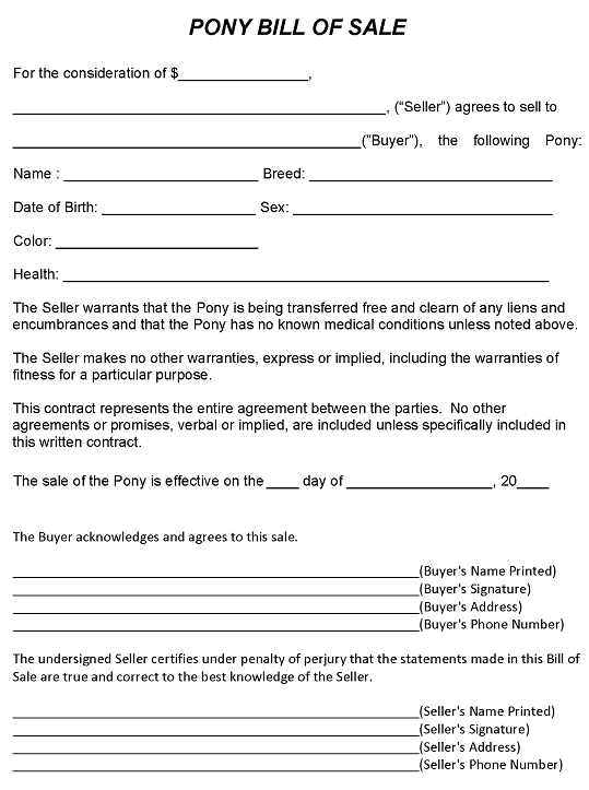 Pony Bill of Sale Word