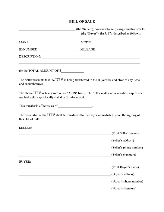 UTV Bill of Sale