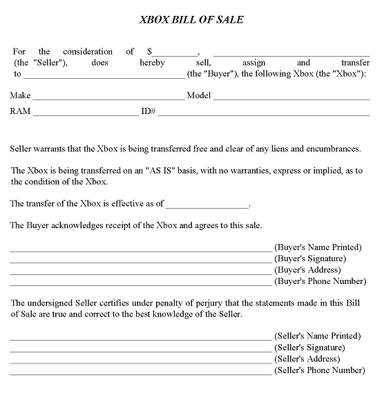 Xbox Bill of Sale