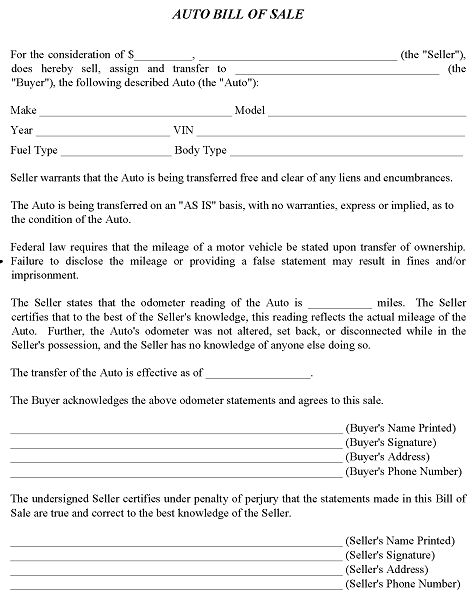 Auto Bill of Sale Template PDF