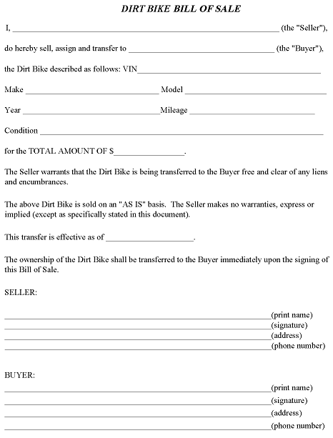 Dirt Bike Bill of Sale Word