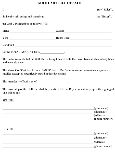 Golf Cart Bill of Sale PDF