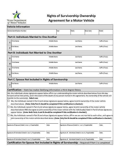 Texas Right of Survivorship Agreement For Motor Vehicle PDF