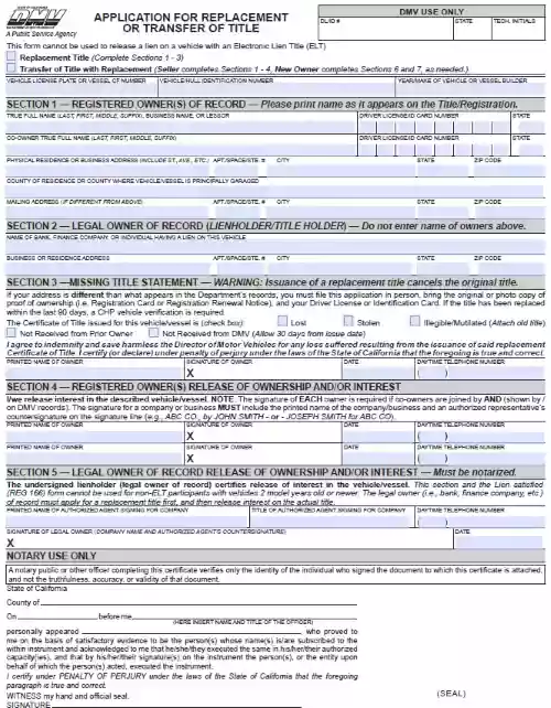 Free California Reg 227 Application For Replacement Or Transfer Of 
