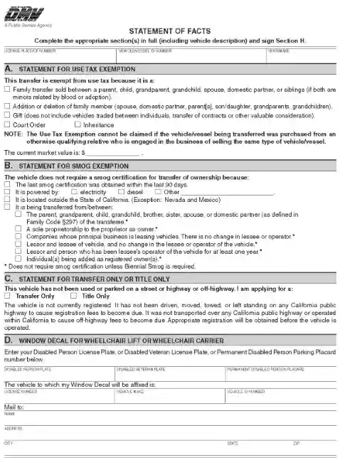 California Statement of Facts Form REG 256 CA PDF