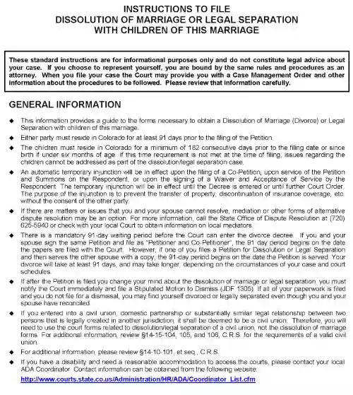 Colorado Divorce or Legal Separation Instructions With Minor Children