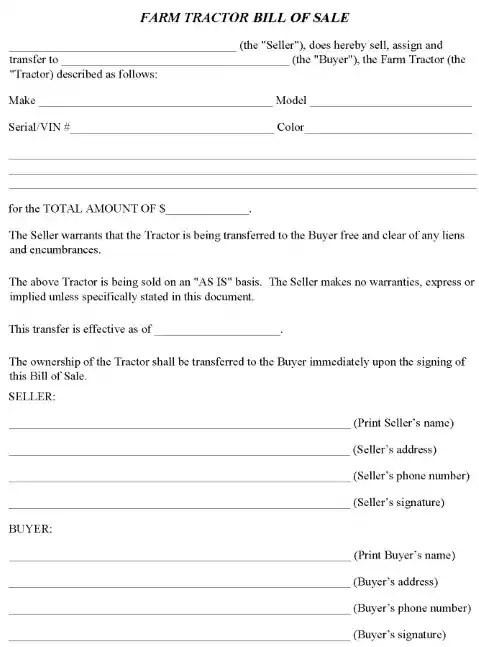 Farm Tractor Bill of Sale Form Word