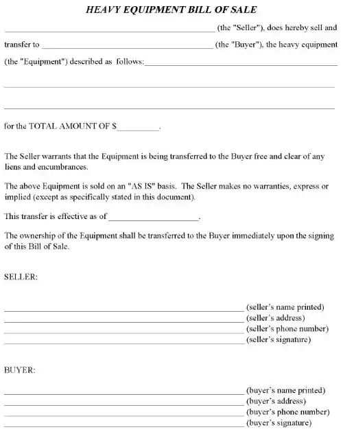 Heavy Equipment Bill of Sale Form PDF