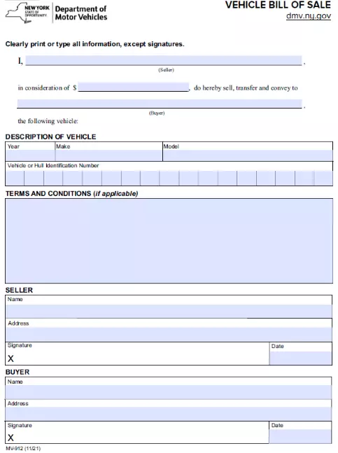 New York Bill of Sale For Car PDF