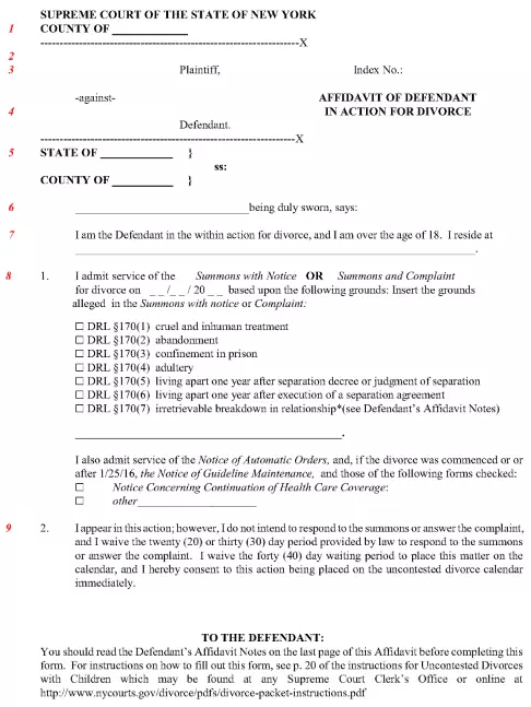 New York Divorce Affidavit of Defendant PDF