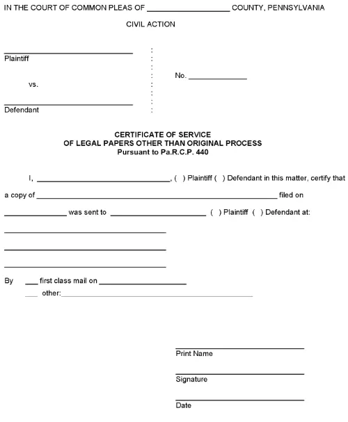 Pennsylvania Certificate of Service of Legal Papers Other Than The Original Process