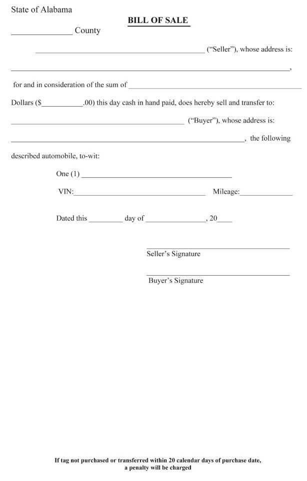 Alabama Bill of Sale For Car PDF