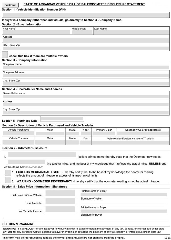 Arkansas Bill of Sale For Car PDF