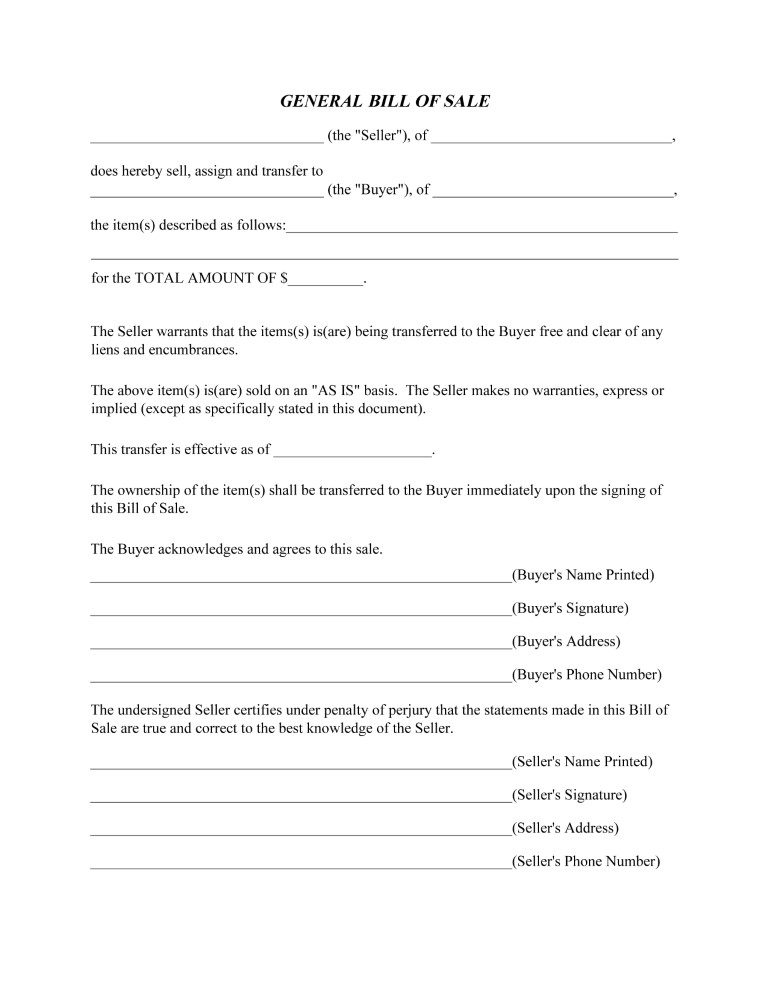 Bill of Sale For Free Word