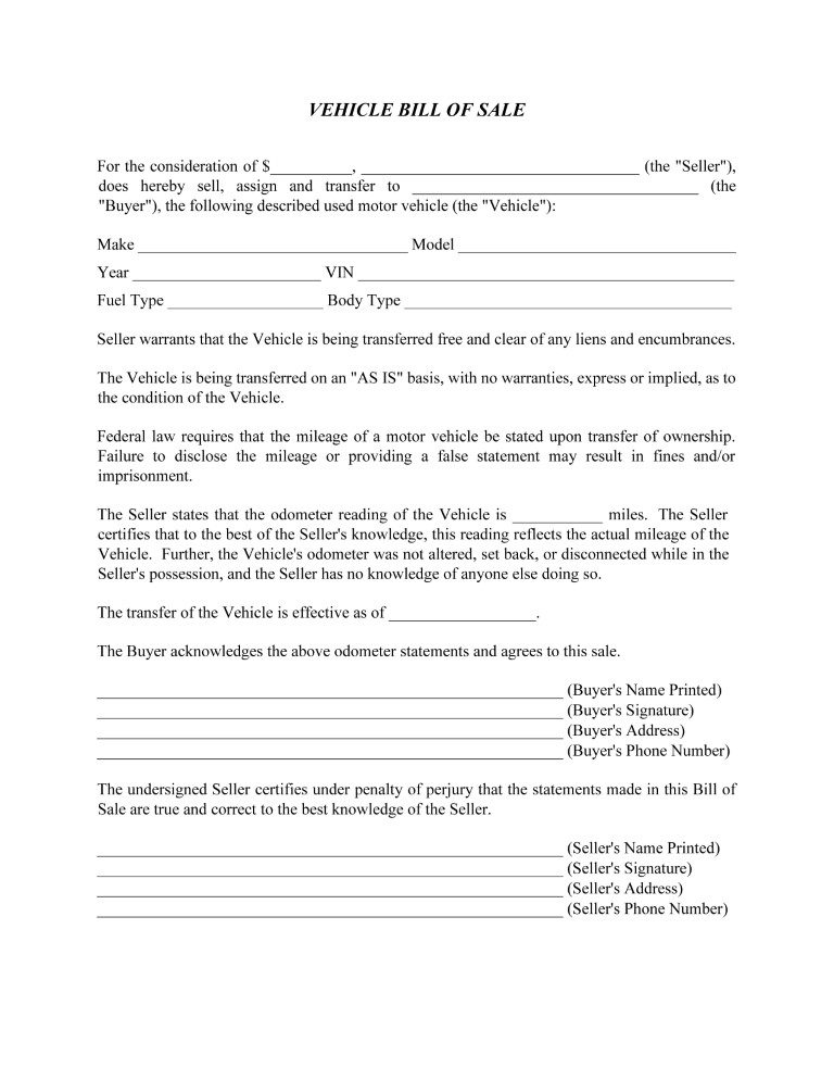 Bill of Sale For Vehicle PDF
