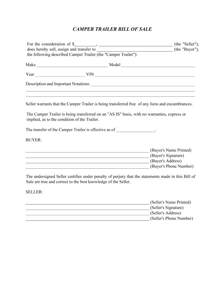 Camper Trailer Bill of Sale Form PDF