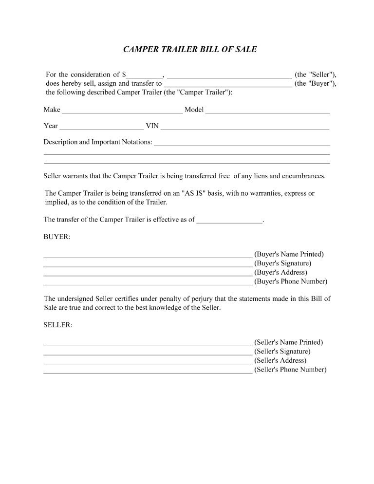 Camper Trailer Bill of Sale Form Word