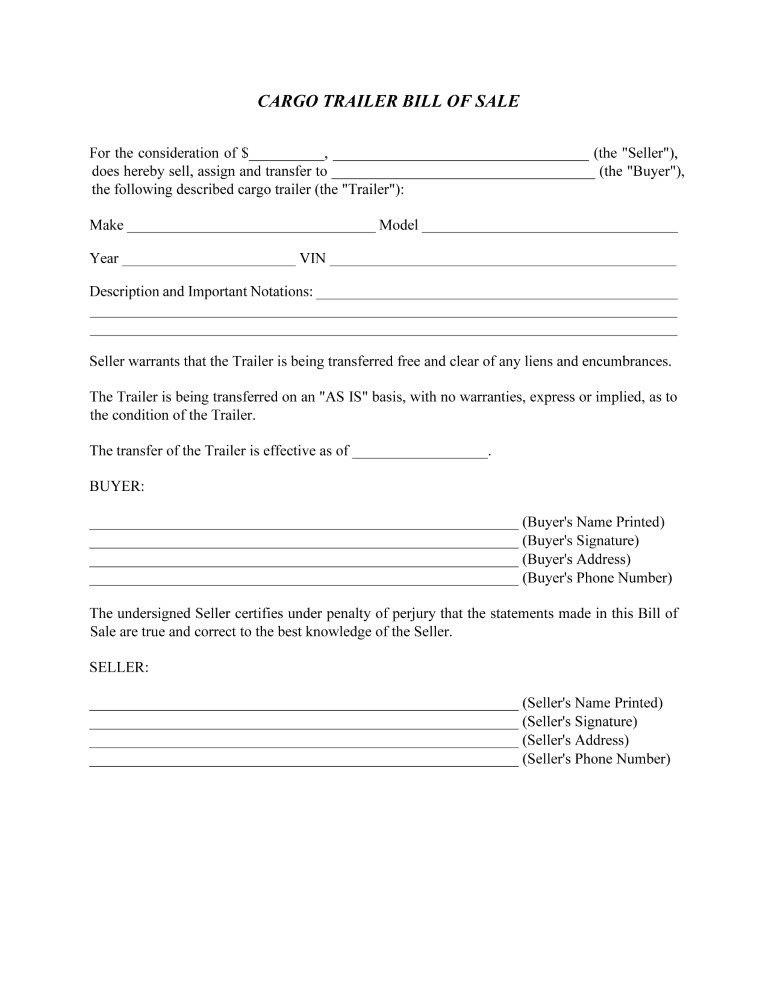 Cargo Trailer Bill of Sale Form WORD
