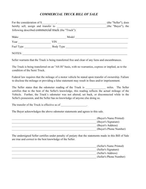 Free Commercial Truck Bill of Sale Word Free Printable Legal Forms
