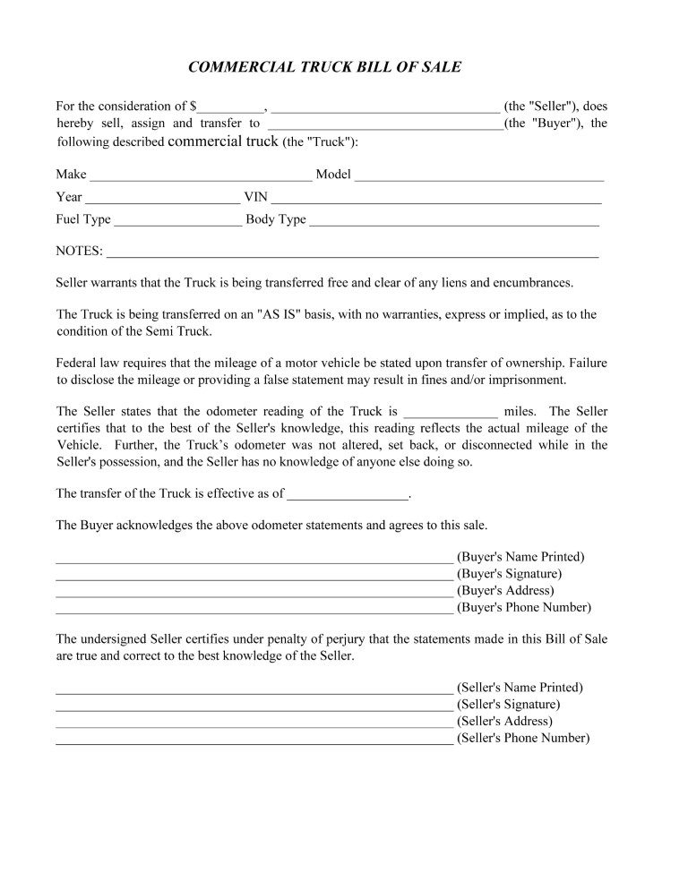 Commercial Truck Bill of Sale Form Word