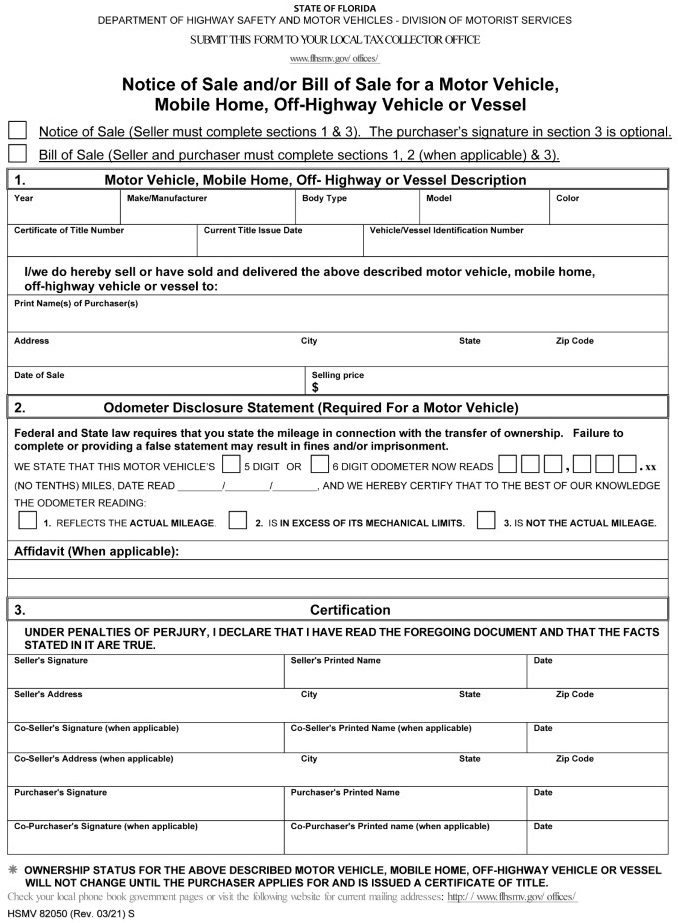Florida Bill of Sale For Car WORD HSMV 82050