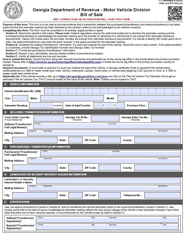 Georgia Bill of Sale For Vehicle PDF