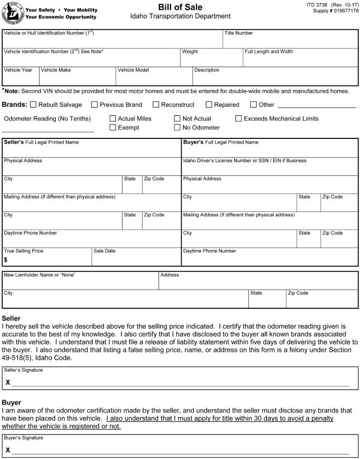 Idaho Bill of Sale For Car IDT 3738 Word