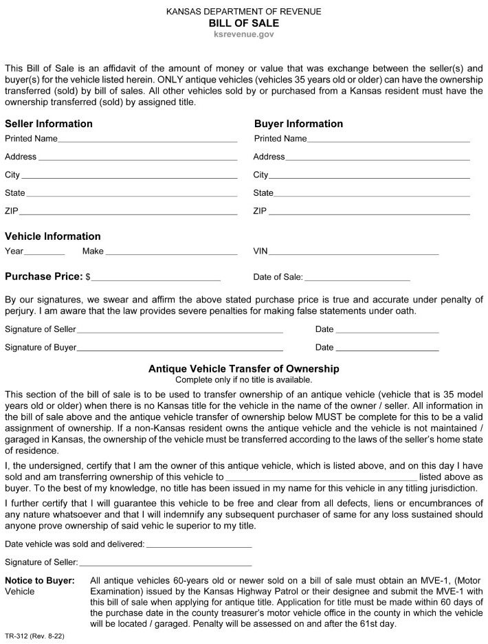 Kansas Bill of Sale For Car TR 312 Word