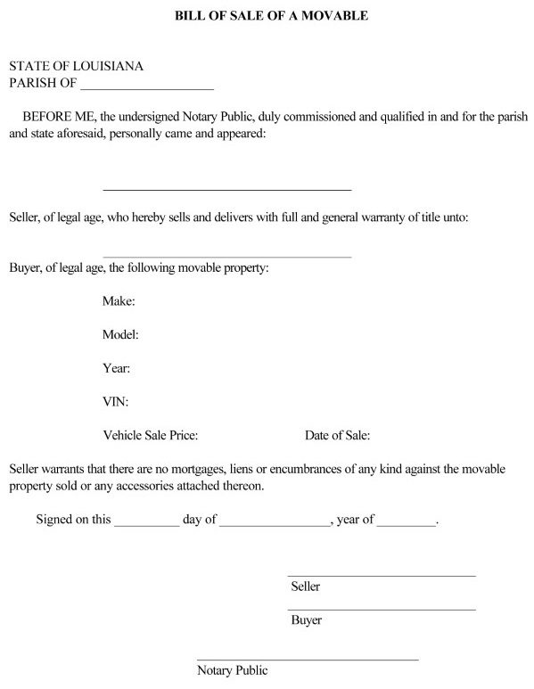 Louisiana Bill of Sale For Car PDF