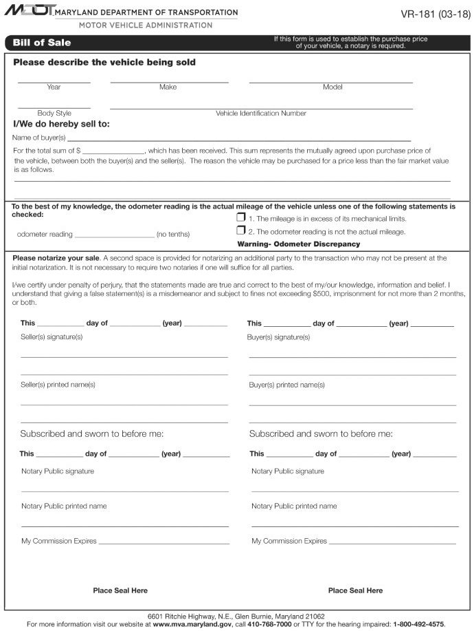 Maryland Bill of Sale For Car VR 181 Word
