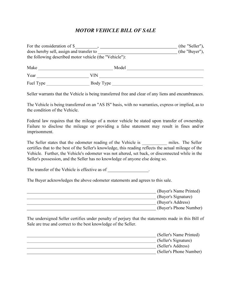 Motor Vehicle Bill of Sale For Car Word
