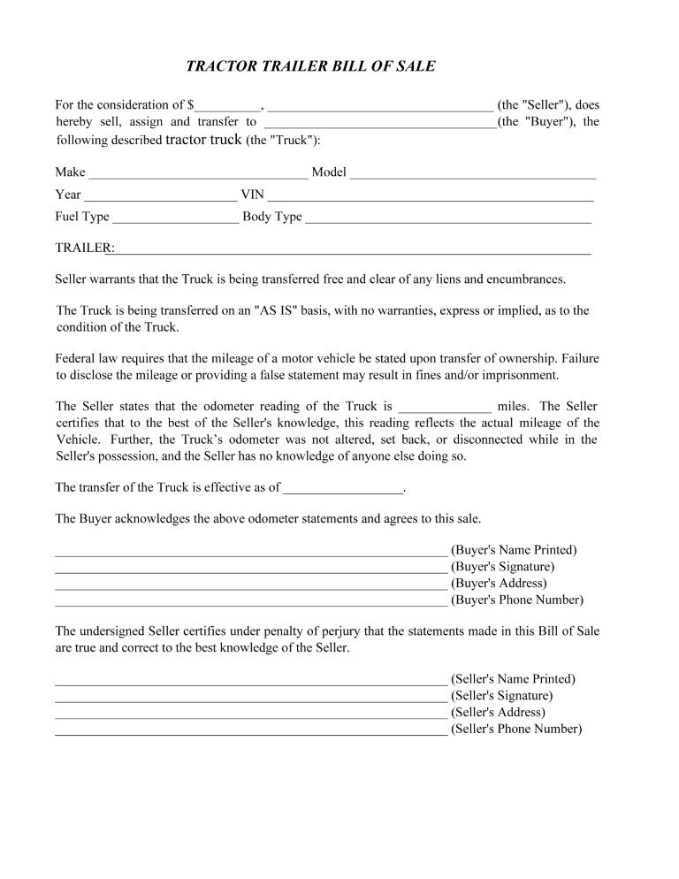 Tractor Trailer Bill of Sale Form PDF