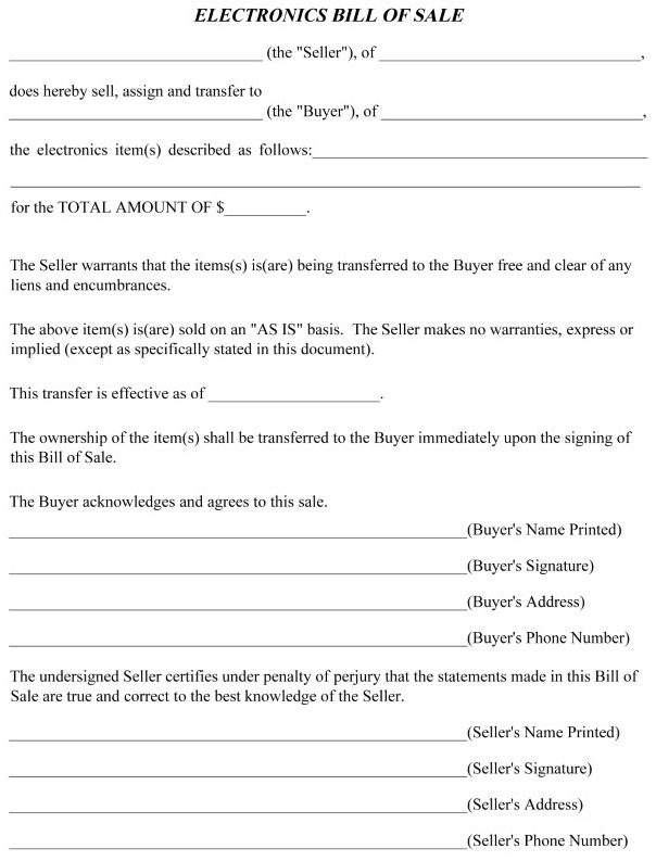 BIll of Sale For Electronics Word