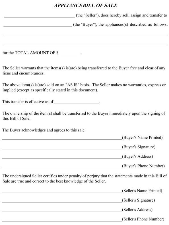 Bill of Sale For Appliances Word