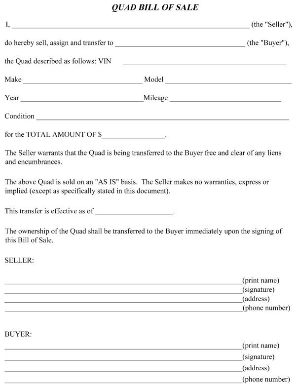 Bill of Sale For Quad Word
