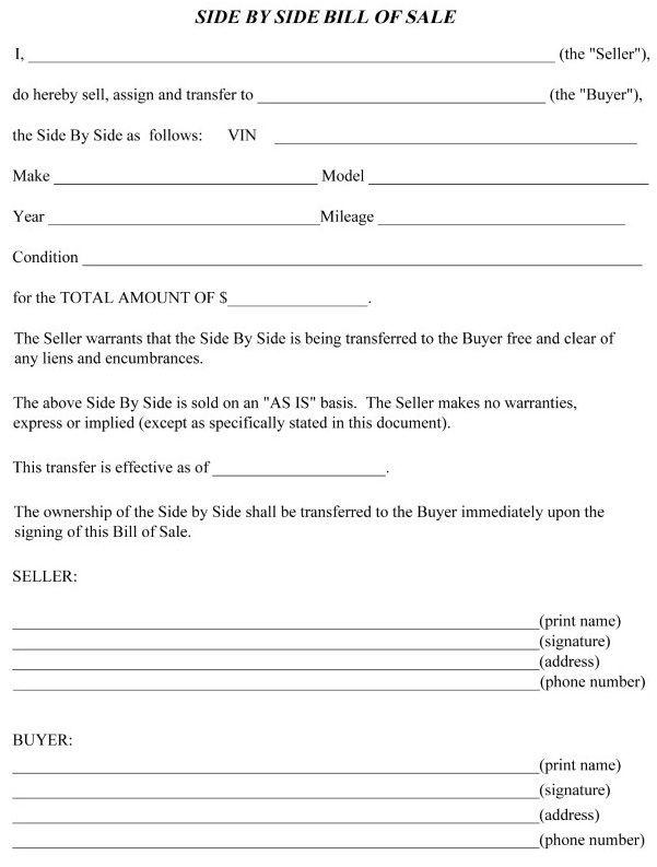 Bill of Sale For Side By Side Word