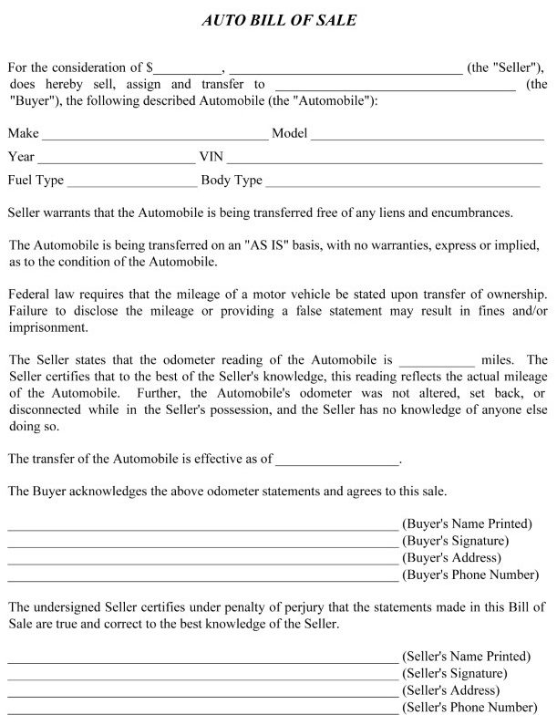 Free Simple Auto Bill of Sale Form PDF