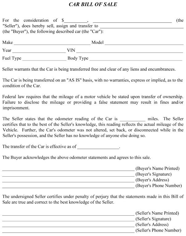 Free Simple Bill of Sale For Car Word