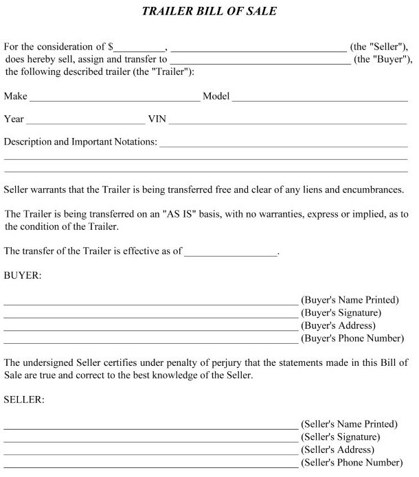 Free Simple Bill of Sale For Trailer PDF