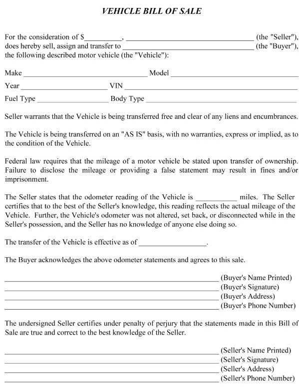 Free Simple Vehicle Bill of Sale Form Word