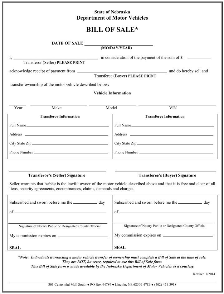 Nebraska Bill of Sale For Car PDF