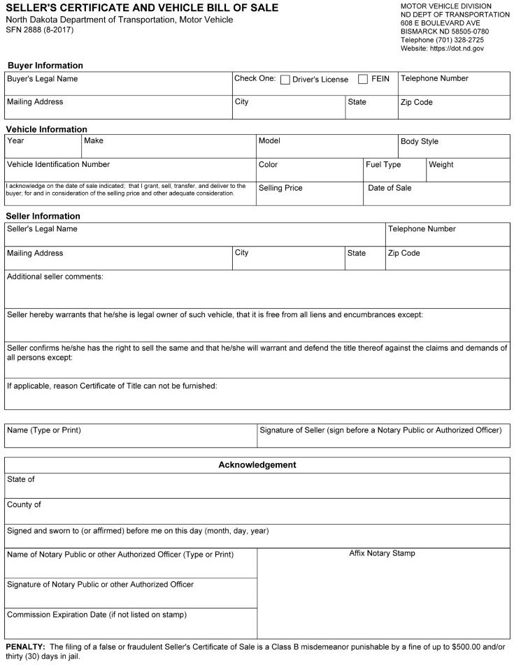 North Dakota Bill of Sale For Car Form SFN 2888 Word
