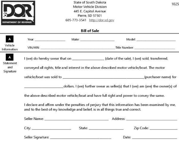 South Dakota Boat Bill of Sale PDF