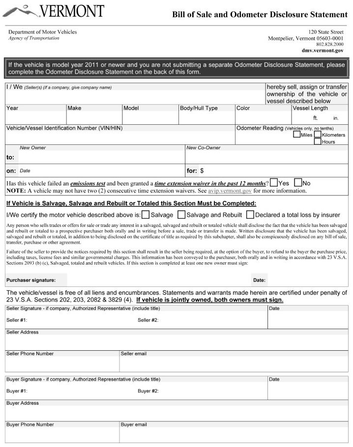 Vermont Bill of Sale For Car Form VT 005 Word