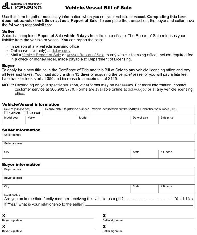 Washington Bill of Sale For Car Form TD 520 065 PDF