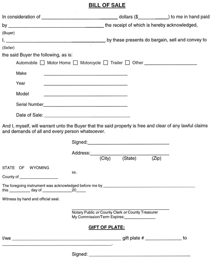 Wyoming Bill of Sale For Car Word